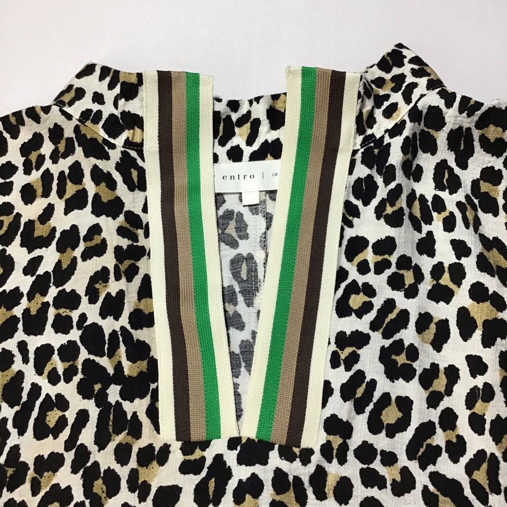 Entro Leopard Print Split-Neck Blouse With Green … - image 5